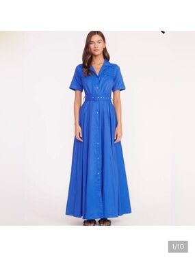 STAUD Button-Front Short Sleeve Maxi Dress in Bright Blue